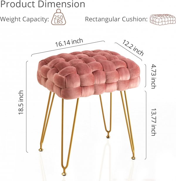 Velvet Vanity Stool, Rectangle Ottoman, Upholstered Make up Foot Stool with Gold Metal Legs and Padded Seat, Modern Footstool for Living Room, Bedroom,Dressing Room, Pink