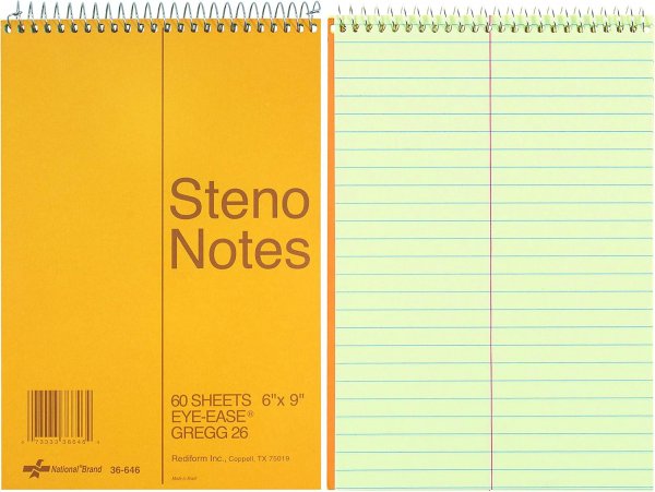 Notebook with Brown Board Cover, Green Eye-Ease Paper, Gregg Ruled, 6" x 9", 60 Sheets