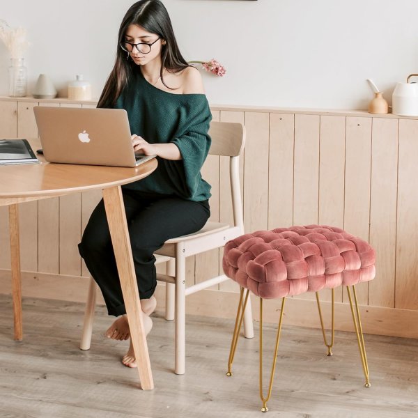 Velvet Vanity Stool, Rectangle Ottoman, Upholstered Make up Foot Stool with Gold Metal Legs and Padded Seat, Modern Footstool for Living Room, Bedroom,Dressing Room, Pink