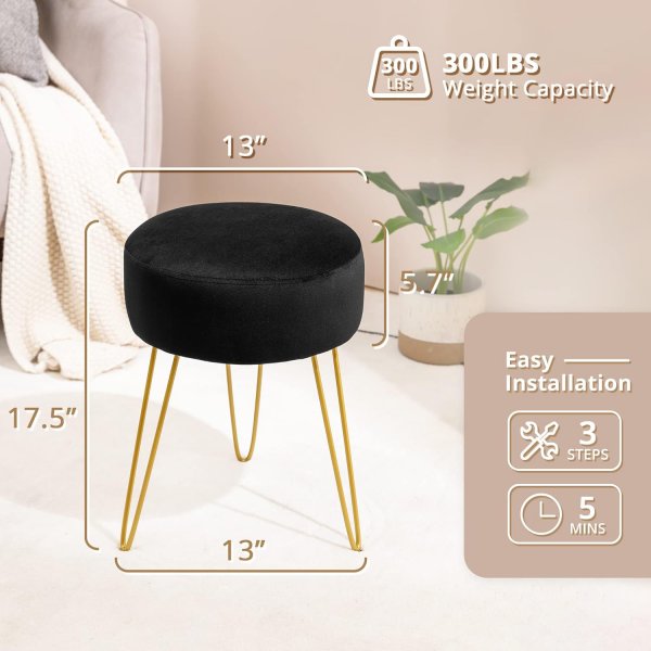 Vanity Stool, Black Vanity Stools for Makeup Room, Round Ottoman Foot Stool, Velvet Footrest Vanity Chair for Bathroom Vanity, Bedroom, Living Room, Entryway, Offices