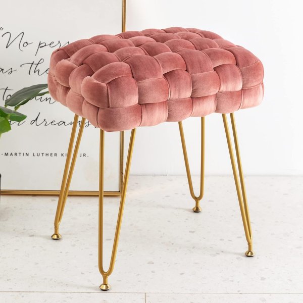 Velvet Vanity Stool, Rectangle Ottoman, Upholstered Make up Foot Stool with Gold Metal Legs and Padded Seat, Modern Footstool for Living Room, Bedroom,Dressing Room, Pink