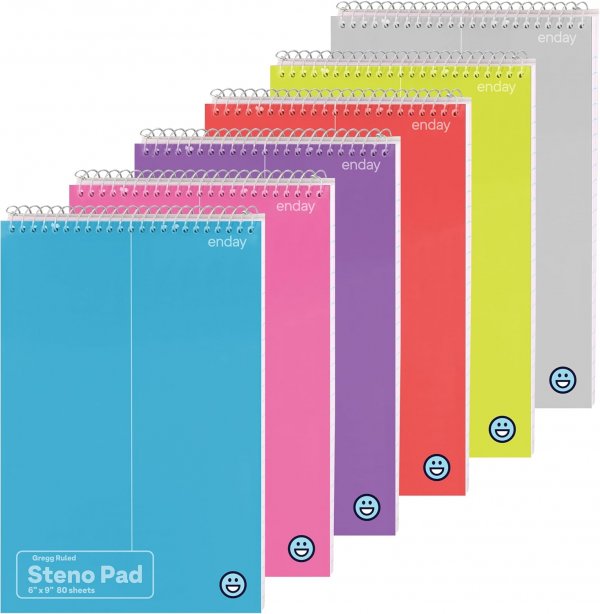 Steno Pads Spiral 6 Pack, 6 x 9, 80 Sheets White Paper, Gregg Rule, Steno Notebook for writing, Assorted Colors