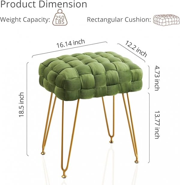 Velvet Vanity Stool, Rectangle Ottoman, Upholstered Make up Foot Stool with Gold Metal Legs and Padded Seat, Modern Footstool for Living Room, Bedroom,Dressing Room, Avocado Green